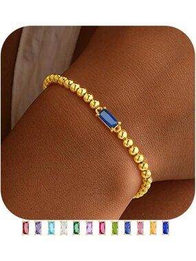 Women's Blue Birthstone Bracelet 14K Gold Plated Beaded Elastic Dainty Jewelry